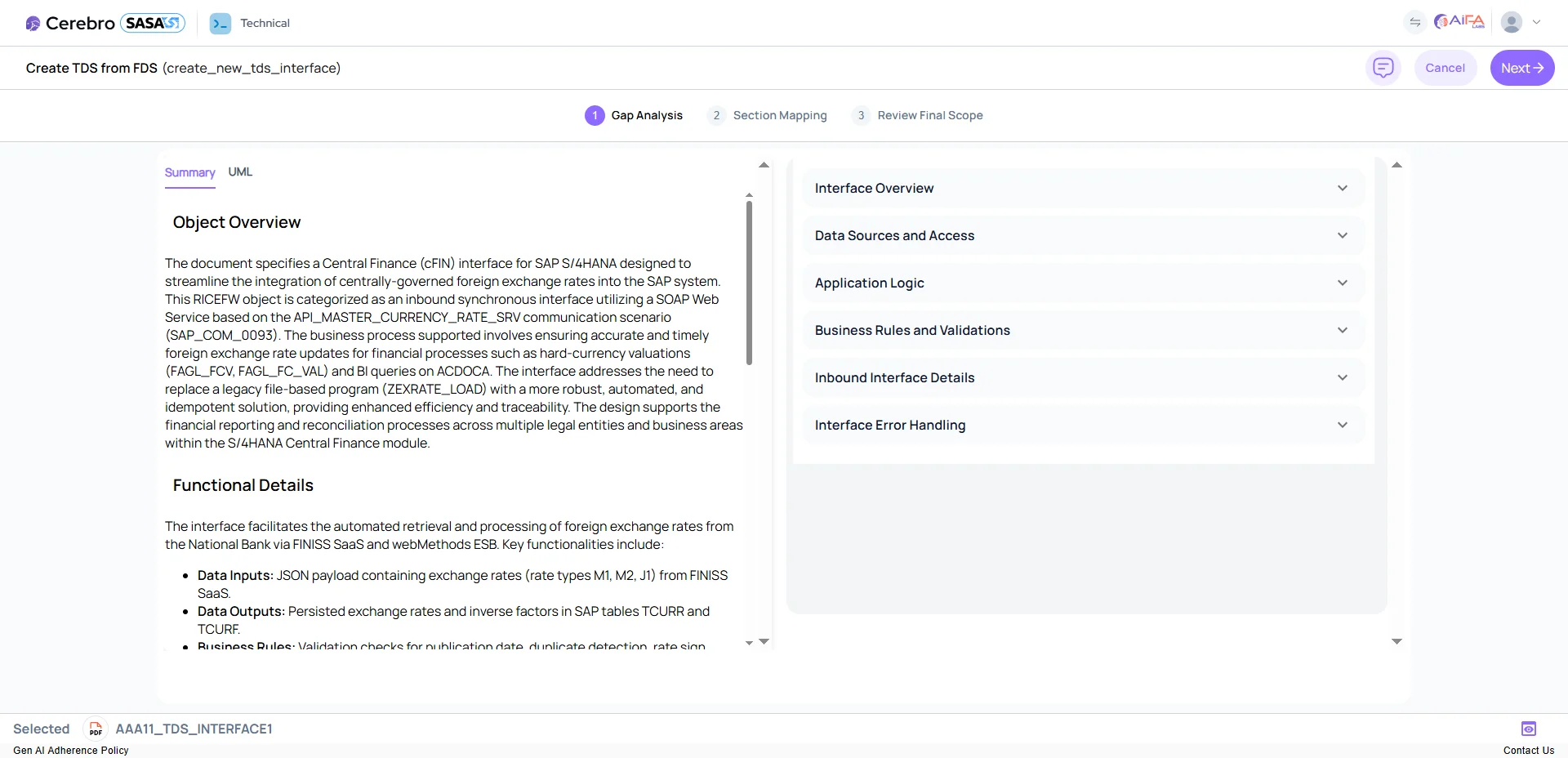 Screenshot of Technical Design Specification (TDS) Generation - SASA AI-powered SAP automation feature